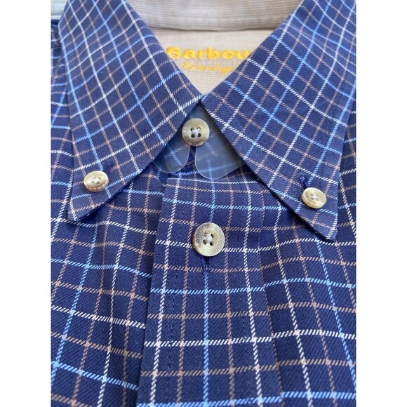 Barbour Mens Large Country Check Shirt Navy Blue Tan Plaid Cotton Corduroy Cuffs - Picture 7 of 14